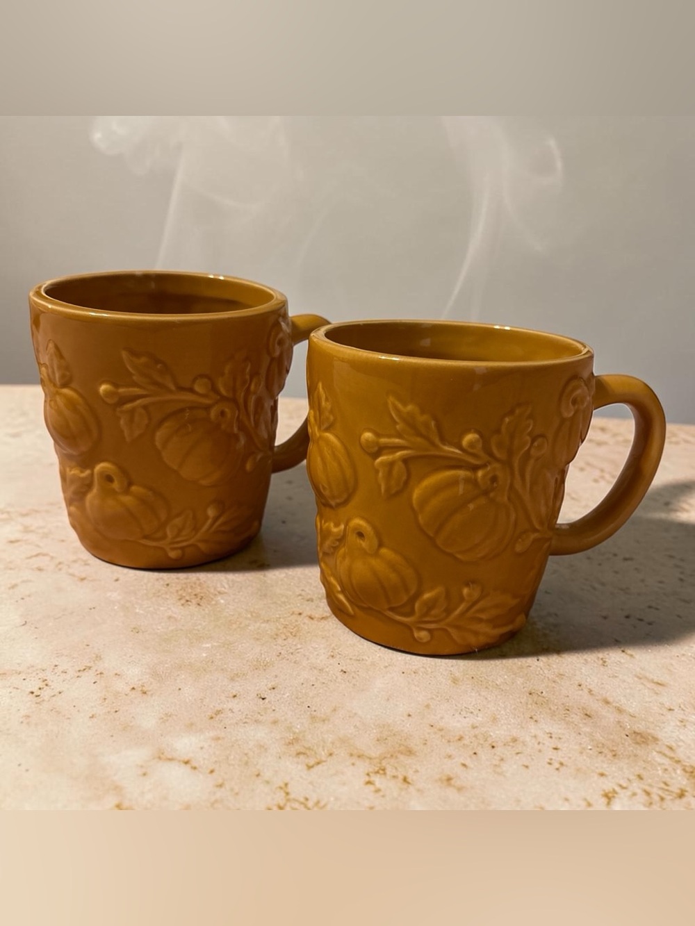 Sur La Table Mustard Ceramic Pumpkin Relief Mug Set of 2
